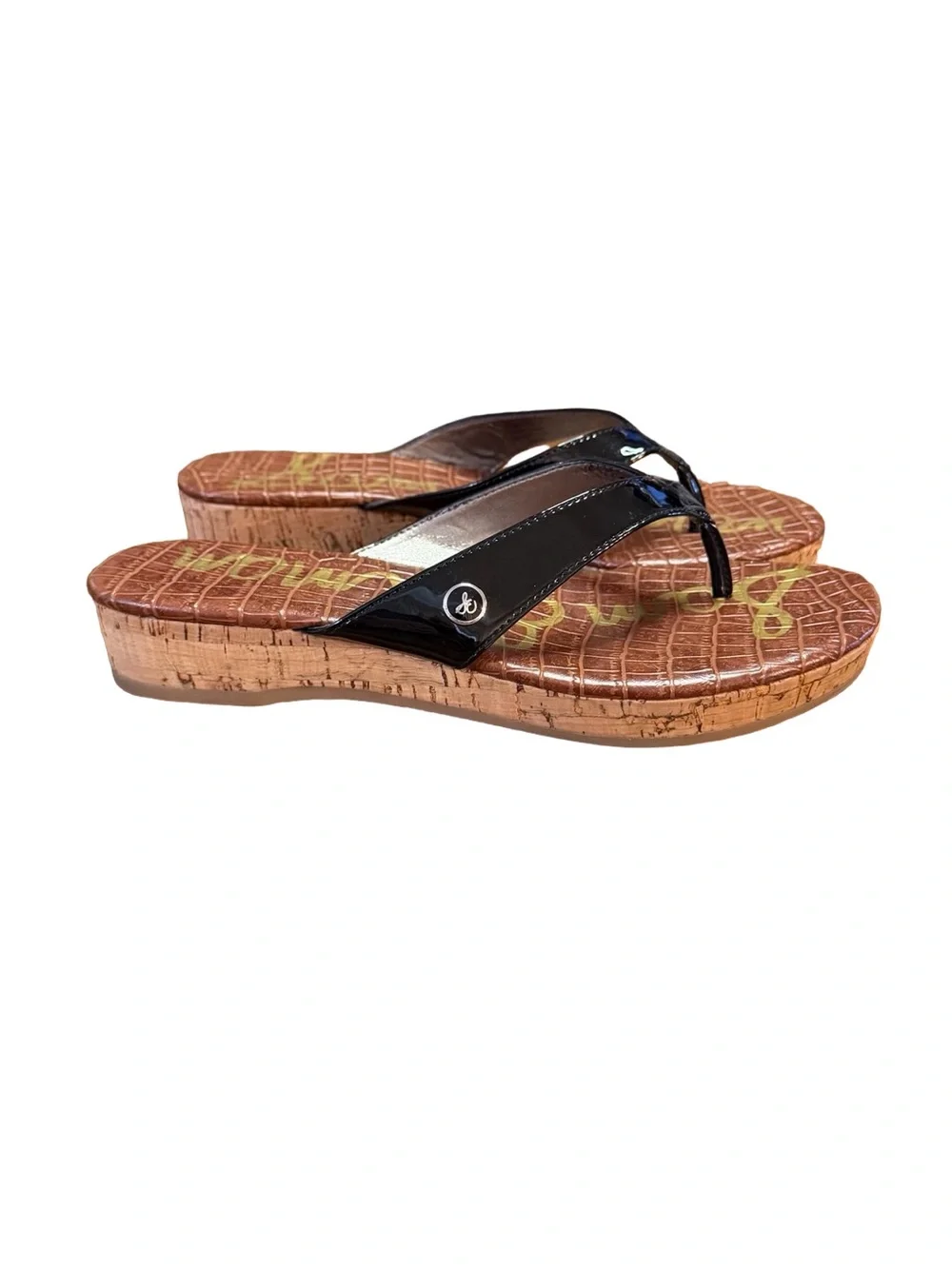 Sam Edelman Tanya Black Patent Cork Platform Wedge Sandals Women’s Size 6.5
